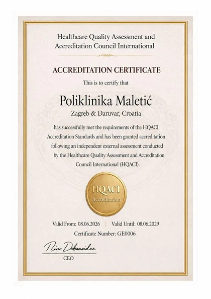 Certifikat o akreditaciji HQACI za Polikliniku Maletić, br. GE0006